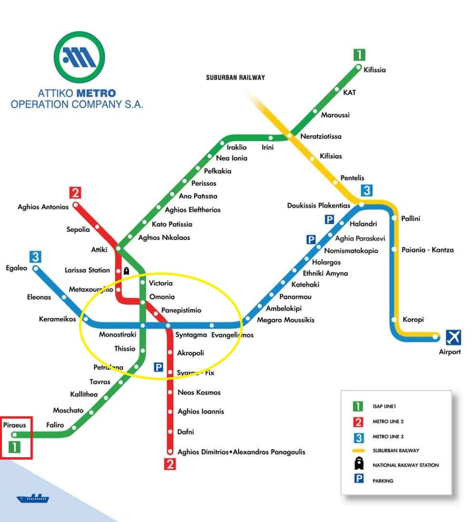 雅典地铁图，主要景点都在中间，码头就在左下 1 号线的起始点