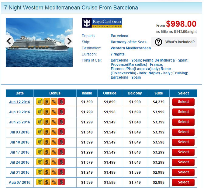 Harmony of the Seas 的全年航程很固定，目前只有9/4 出发的有特价998美金