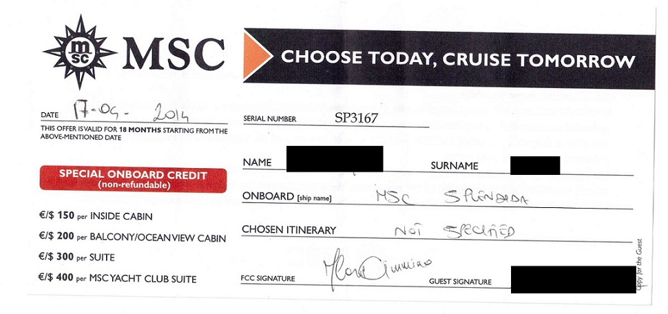 MSC 的預訂航程 Voucher，訂金 10 歐，可以兌換至少 150 美金的 onboard credit