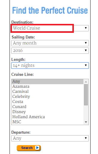 在搜尋引擎裡面選取 World Cruise 的選項，天數選14天以上，其他選項都是 Any 就可以了