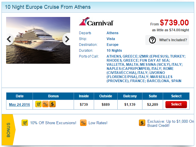 嘉年華的 Vista 10天東西地中海大縱走，價格很實惠