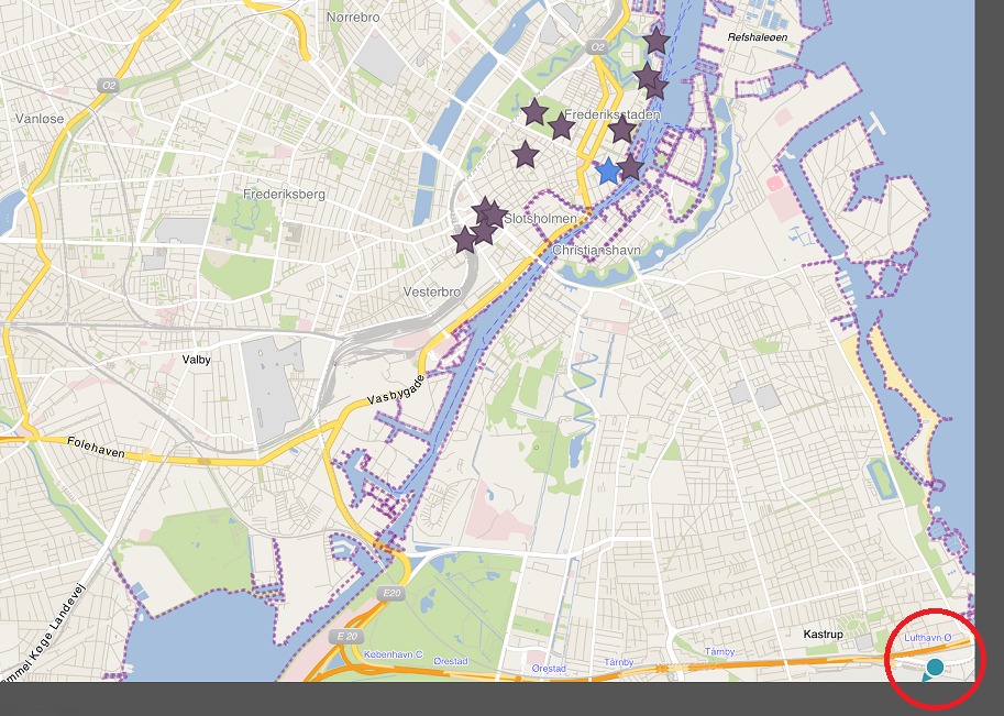 機場離哥本哈根市區太遠了，都快出了 city maps 2 go 的地圖了~ (上面做了一堆星星記號的地方，就是要參觀的景點)