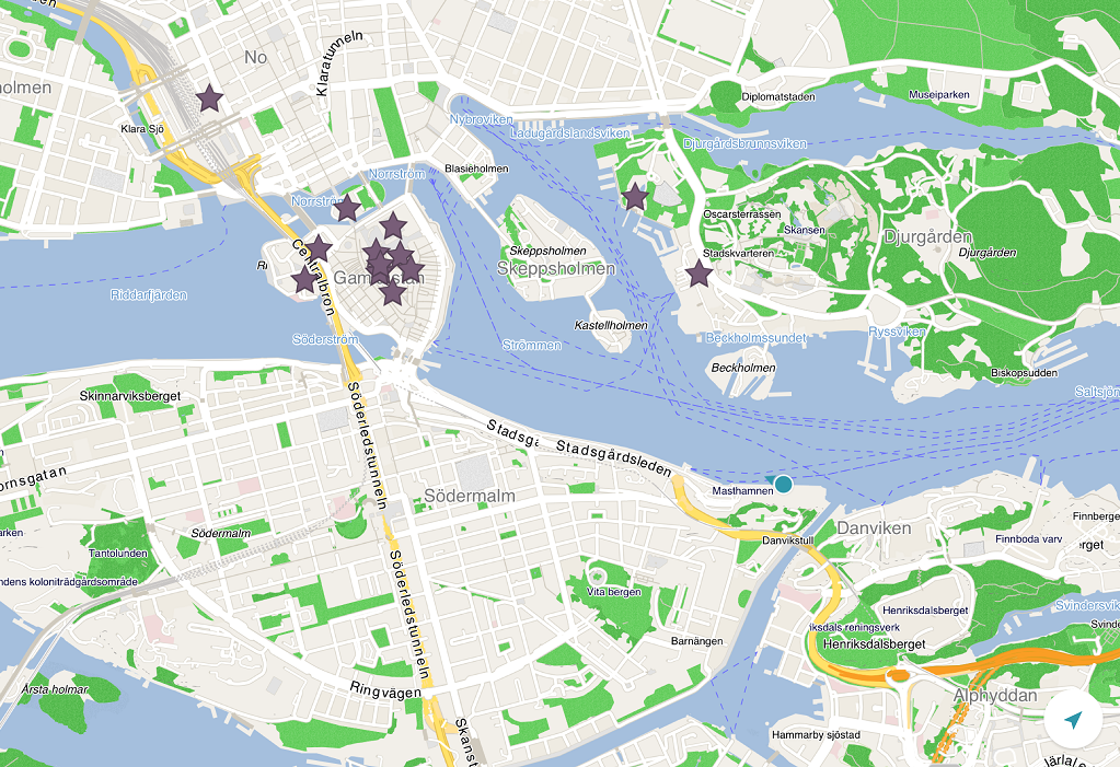 郵輪停靠的位置，離市中心步行約需 25 分鐘(紫色的標號就是今天要去參觀的地方)